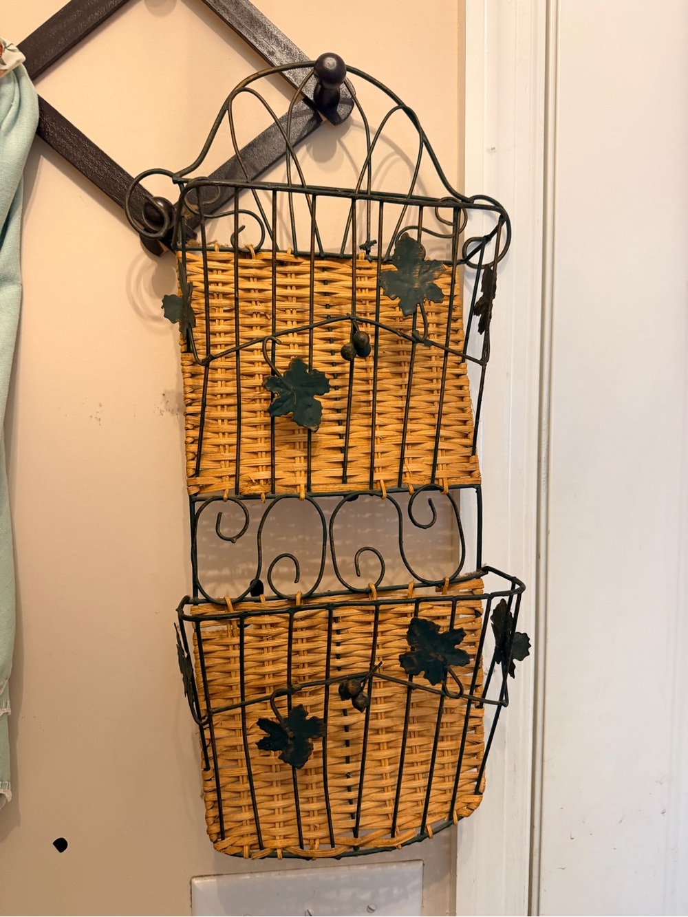 1990’s Wicker & Black Metal Hanging Wall Organizer